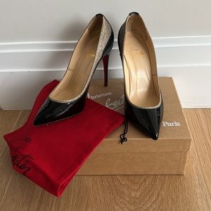 Louboutin Tucsick black patent leather and glitter gold heels
